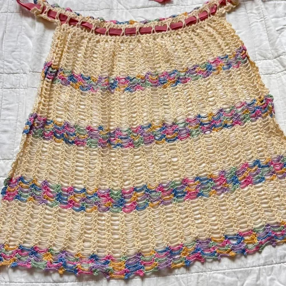 Pastel rainbow crochet apron pink ribbon‎ kitchen utility whimsical fairy